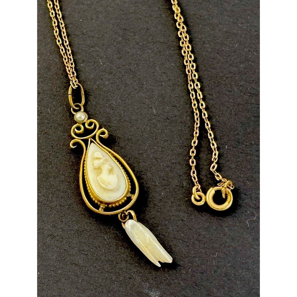 VINTAGE 10Kt GF GOLD WHITE SHELL CAMEO & Pearls ART DECO Lavalier 18” NECKLACE